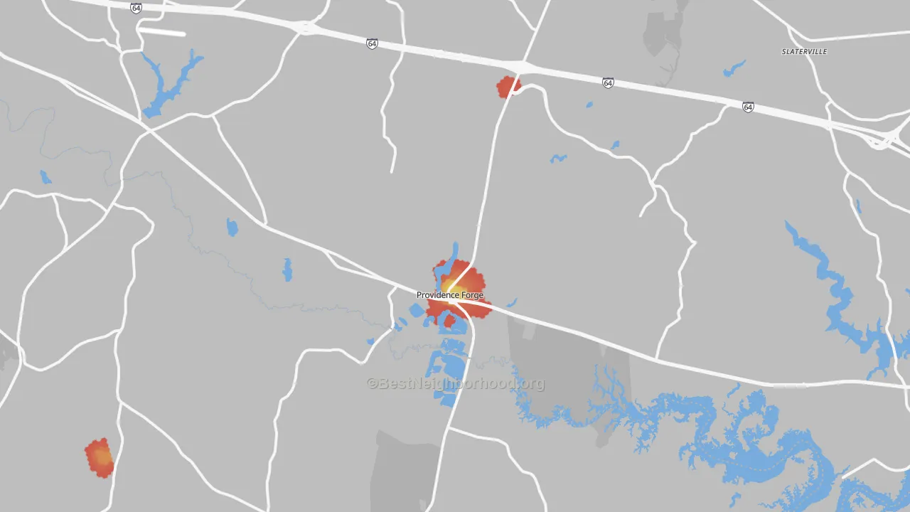 Walk Grade map of Providence Forge, VA, walkable areas in green and car-dependent areas in red