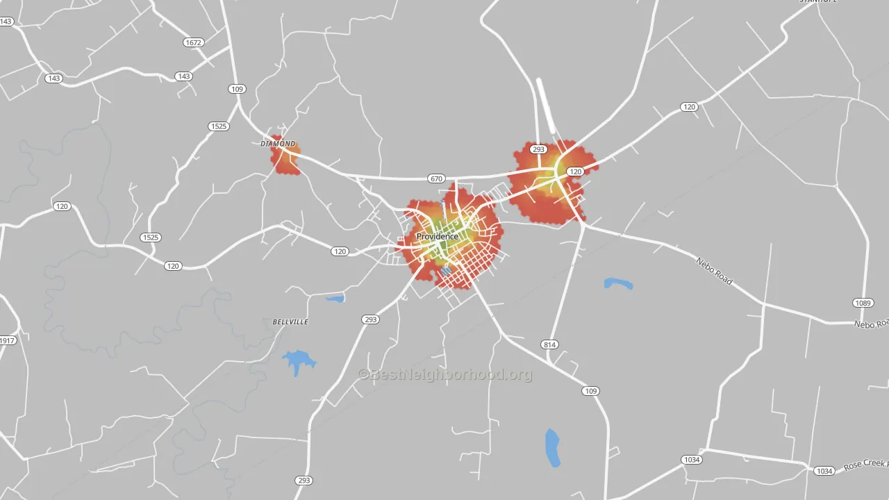 Walk Grade map of Providence, KY, walkable areas in green and car-dependent areas in red