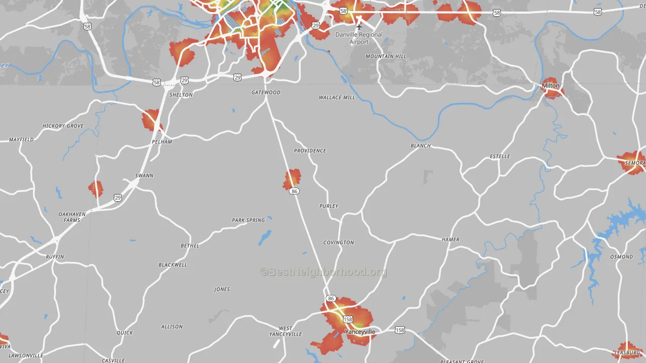 Walk Grade map of Providence, NC, walkable areas in green and car-dependent areas in red