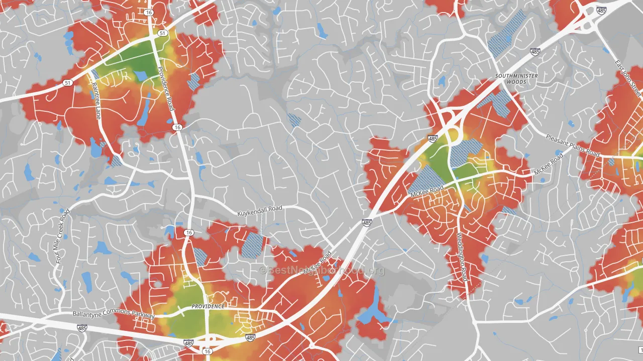 Walk Grade map of Providence Plantation, Charlotte, NC, walkable areas in green and car-dependent areas in red