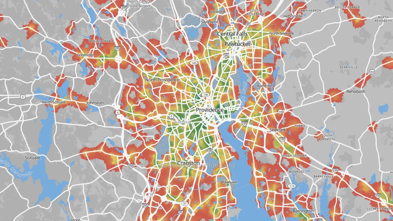 Walk Grade map of Providence, RI, walkable areas in green and car-dependent areas in red