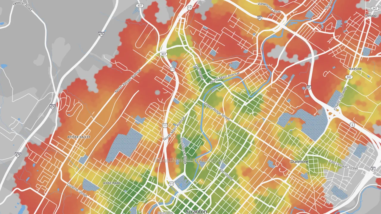 Walk Grade map of Providence, Scranton, PA, walkable areas in green and car-dependent areas in red