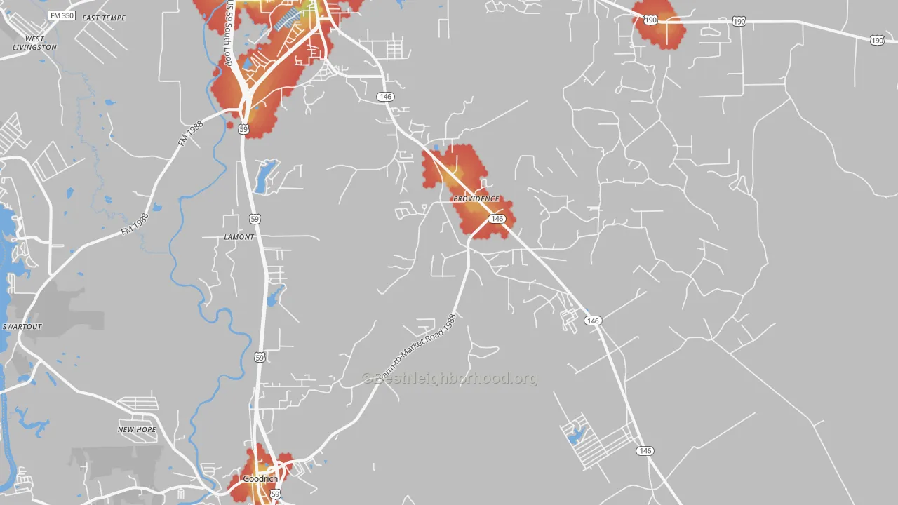 Walk Grade map of Providence, TX, walkable areas in green and car-dependent areas in red