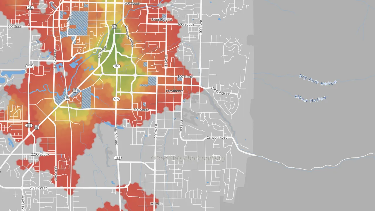 Walk Grade map of Providence, UT, walkable areas in green and car-dependent areas in red