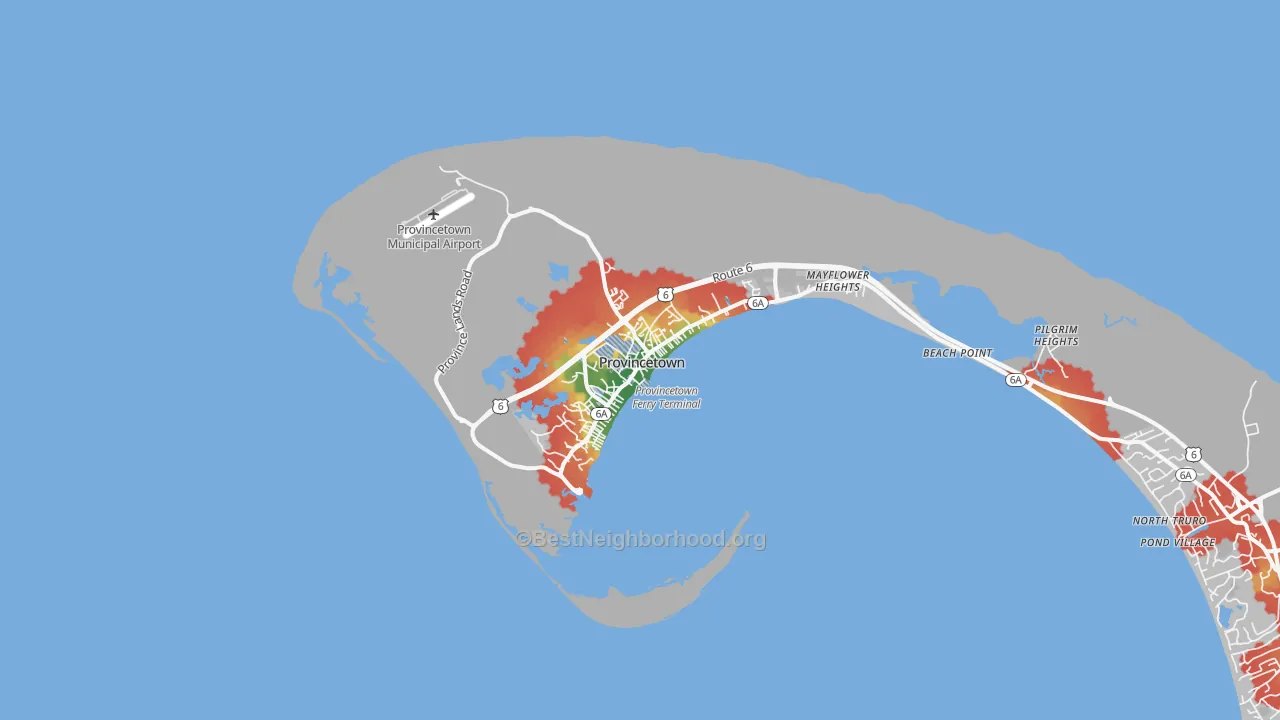 Walk Grade map of Provincetown, MA, walkable areas in green and car-dependent areas in red