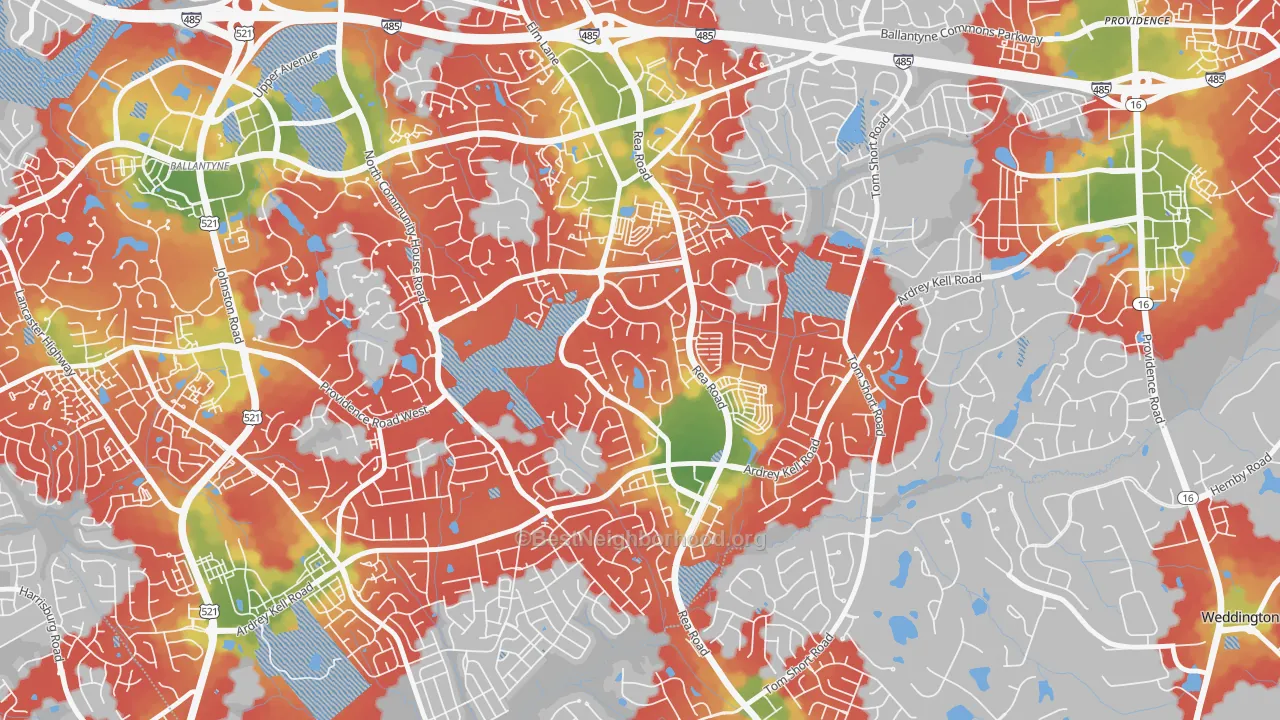 Walk Grade map of Provincetowne, Charlotte, NC, walkable areas in green and car-dependent areas in red