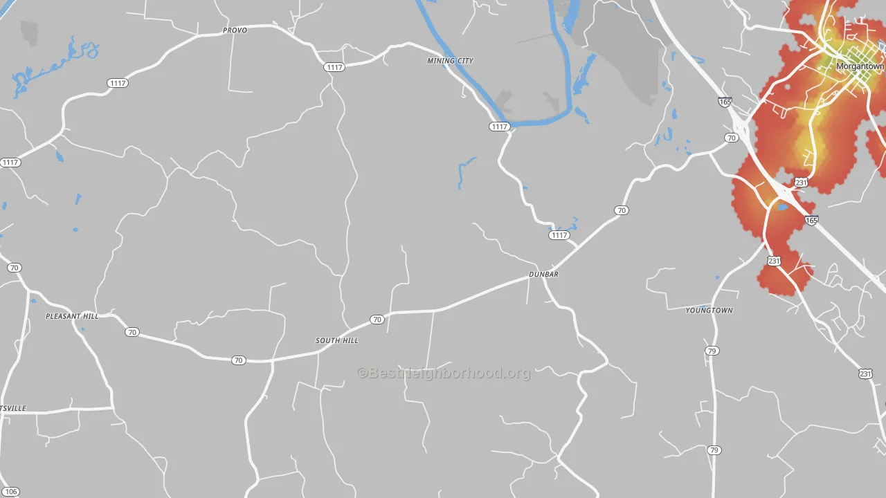 Walk Grade map of Provo, KY, walkable areas in green and car-dependent areas in red