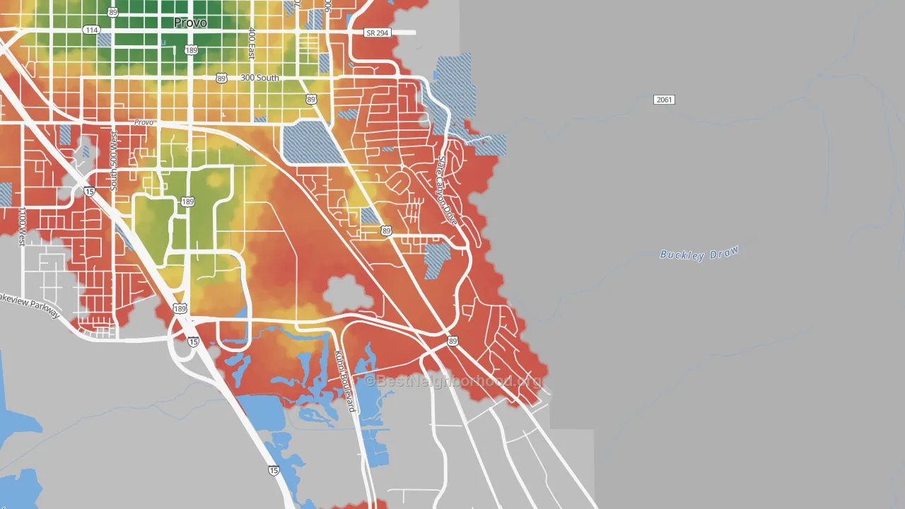 Walk Grade map of Provo South, Provo, UT, walkable areas in green and car-dependent areas in red
