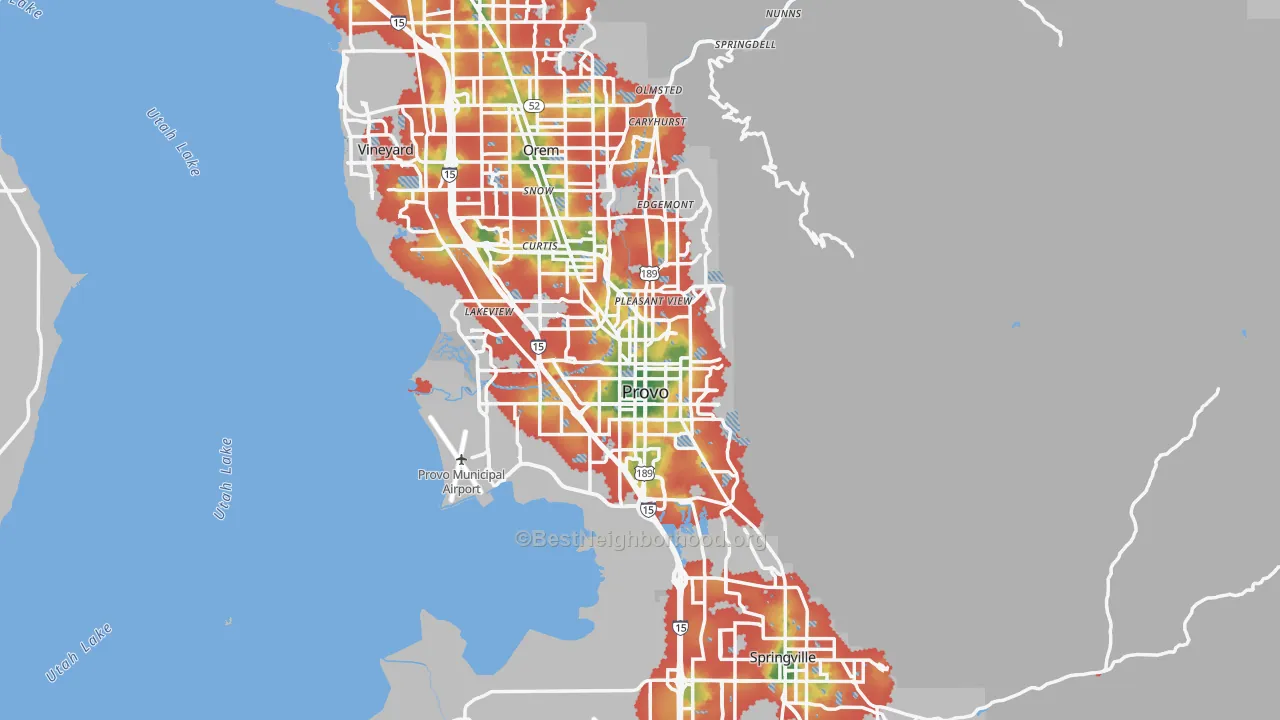 Walk Grade map of Provo, UT, walkable areas in green and car-dependent areas in red