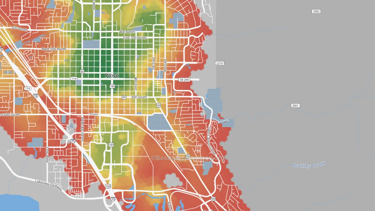 Walk Grade map of Provost, Provo, UT, walkable areas in green and car-dependent areas in red