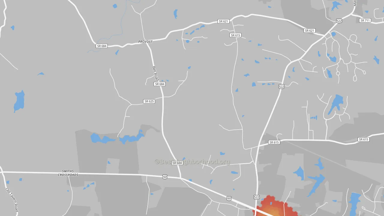 Walk Grade map of Provost, VA, walkable areas in green and car-dependent areas in red
