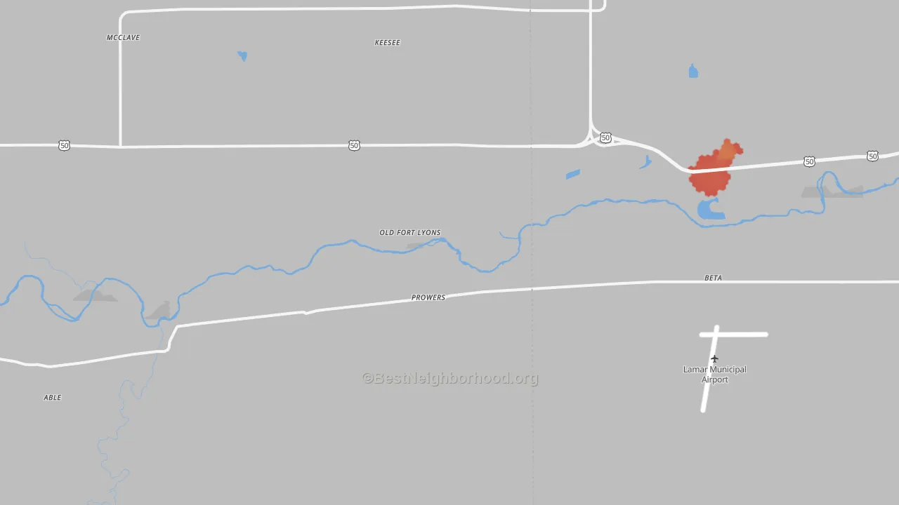 Walk Grade map of Prowers, CO, walkable areas in green and car-dependent areas in red