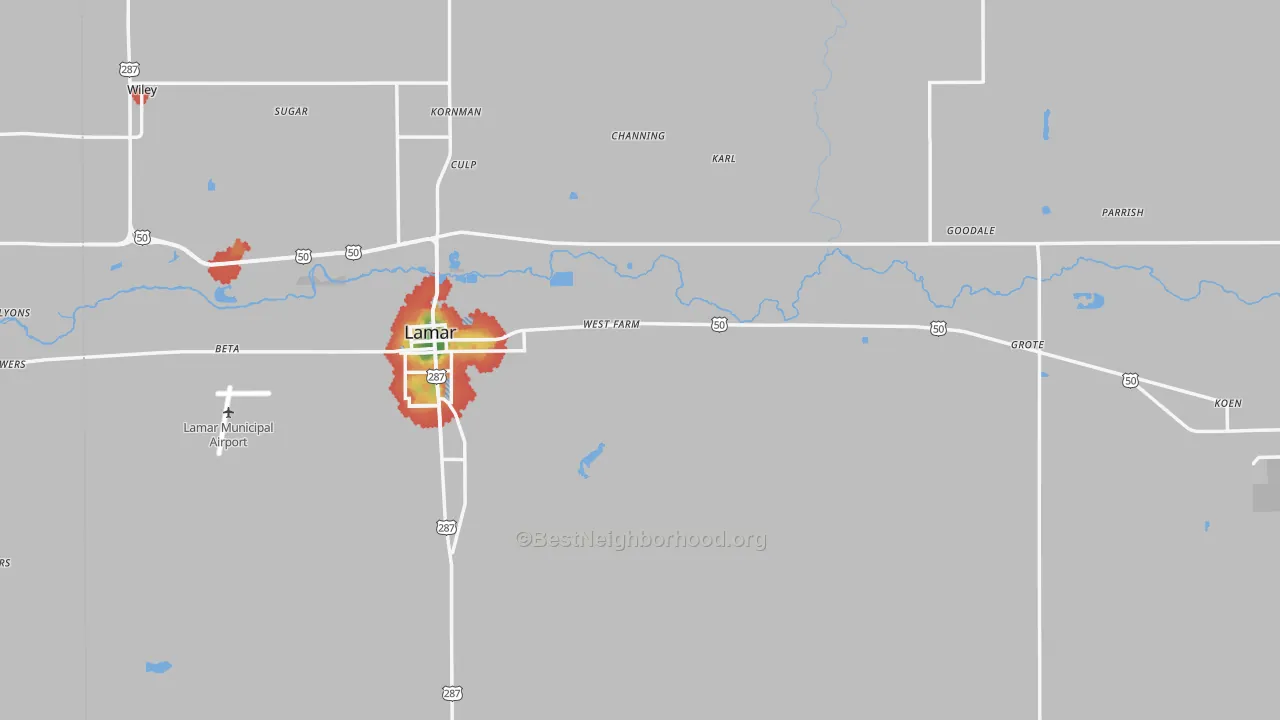 Walk Grade map of Prowers County, CO, walkable areas in green and car-dependent areas in red