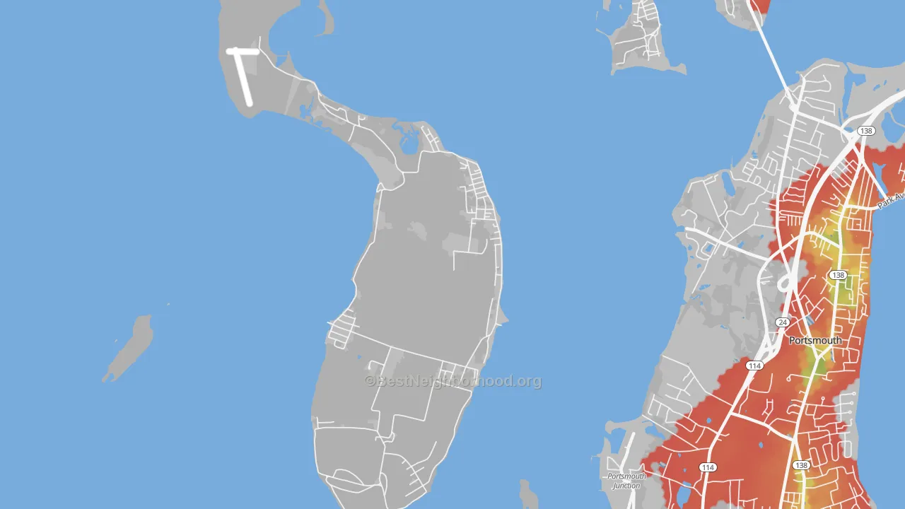 Walk Grade map of Prudence Island, RI, walkable areas in green and car-dependent areas in red