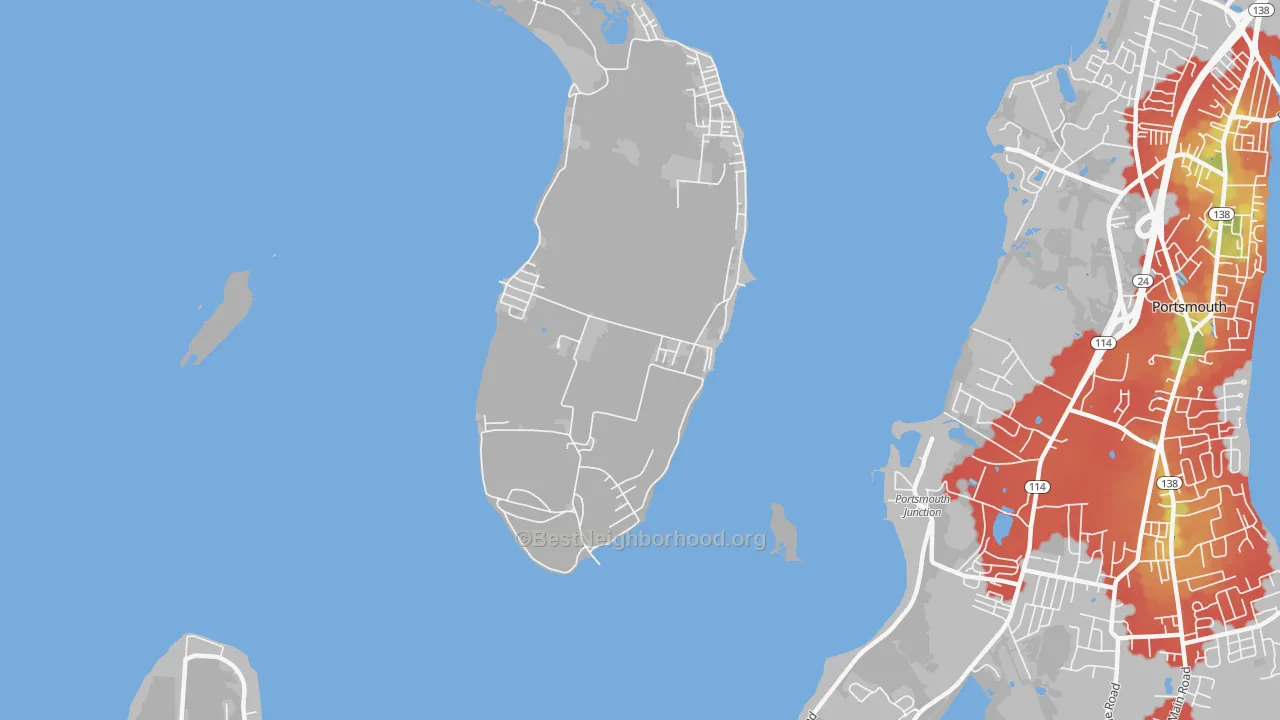 Walk Grade map of Prudence Park, RI, walkable areas in green and car-dependent areas in red