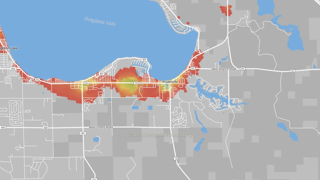 Walk Grade map of Prudenville, MI, walkable areas in green and car-dependent areas in red