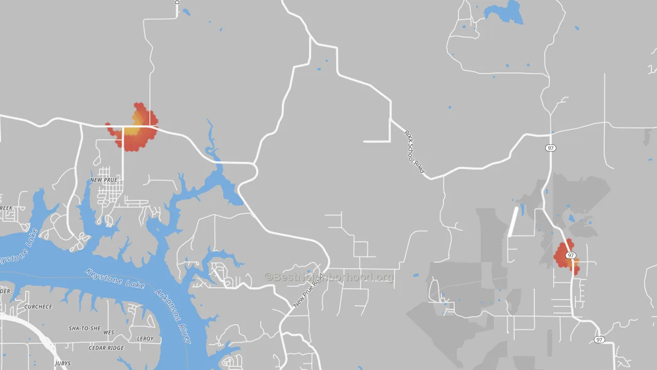 Walk Grade map of Prue, OK, walkable areas in green and car-dependent areas in red