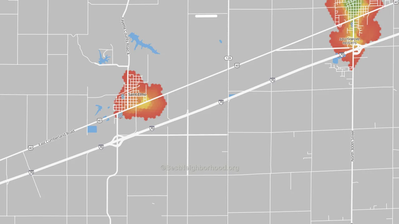 Walk Grade map of Pruett, IL, walkable areas in green and car-dependent areas in red