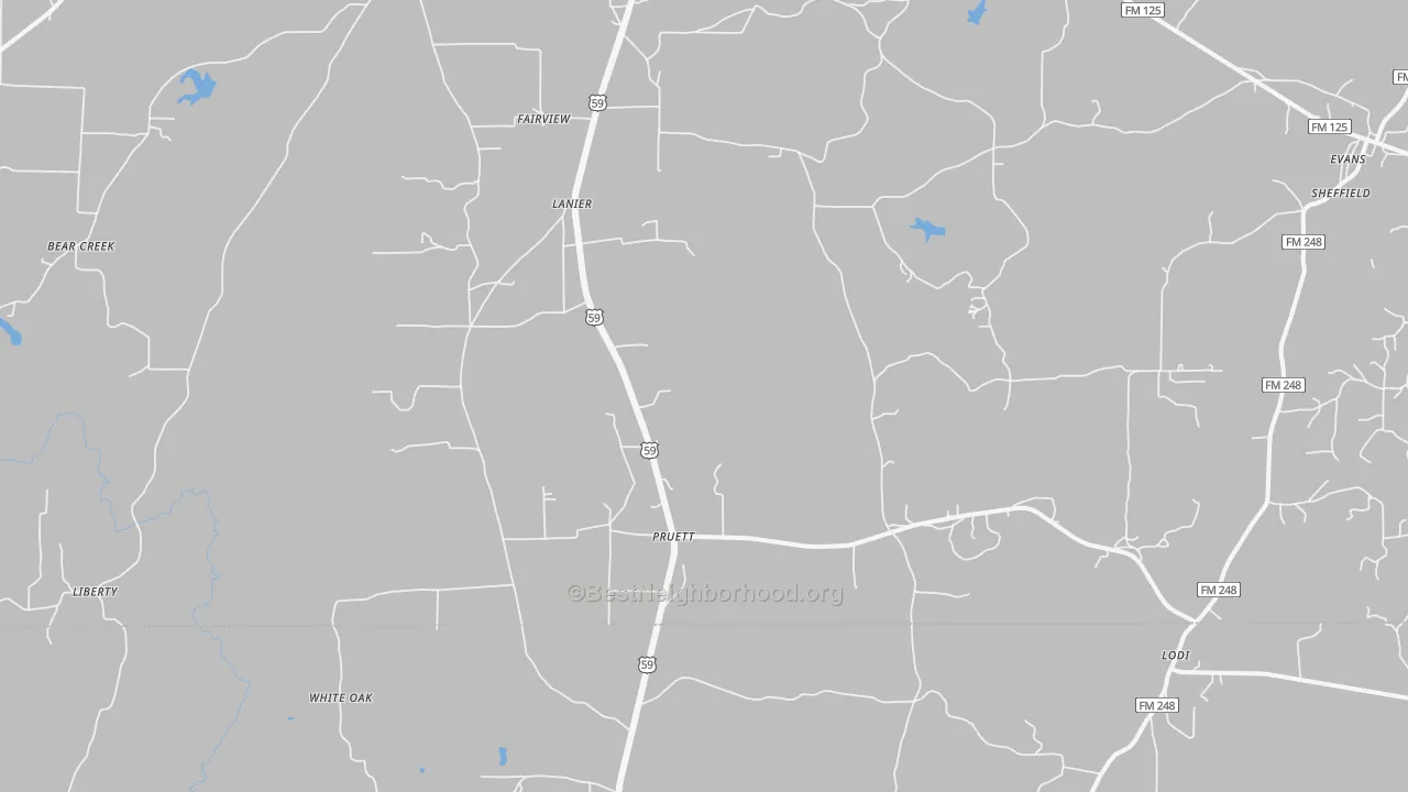 Walk Grade map of Pruett, TX, walkable areas in green and car-dependent areas in red