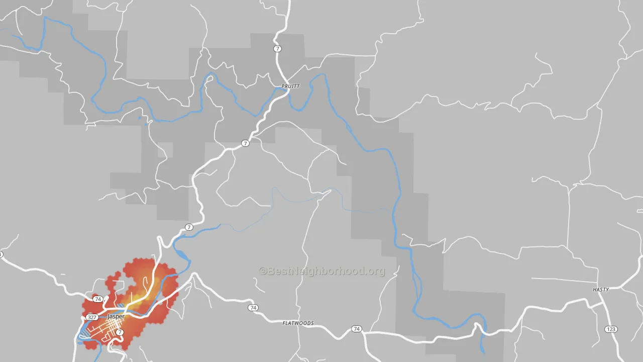 Walk Grade map of Pruitt, AR, walkable areas in green and car-dependent areas in red