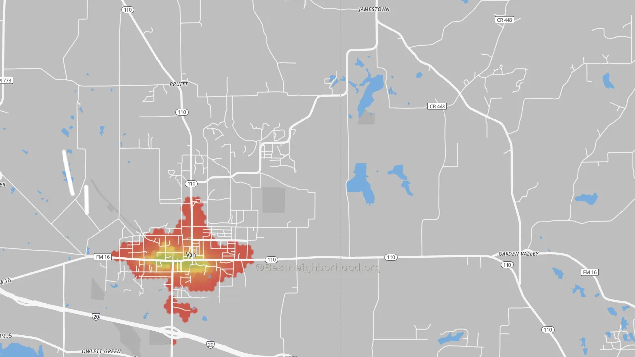 Walk Grade map of Pruitt, TX, walkable areas in green and car-dependent areas in red