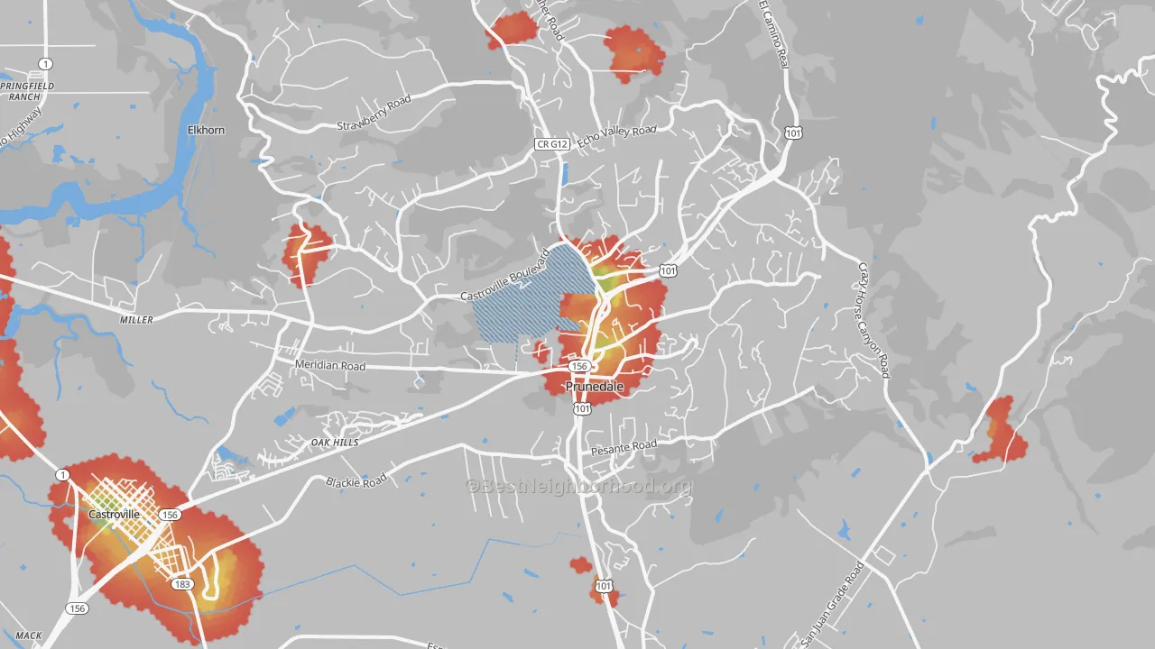 Walk Grade map of Prunedale, CA, walkable areas in green and car-dependent areas in red