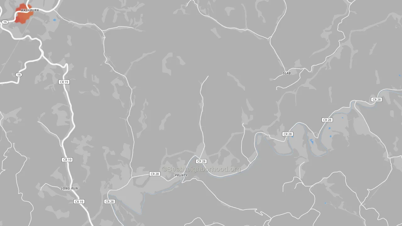 Walk Grade map of Prunty, WV, walkable areas in green and car-dependent areas in red