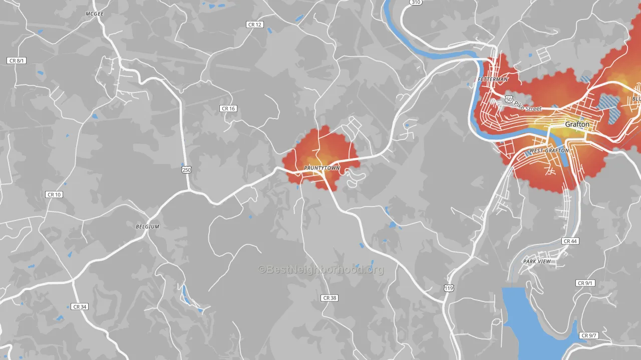 Walk Grade map of Pruntytown, WV, walkable areas in green and car-dependent areas in red