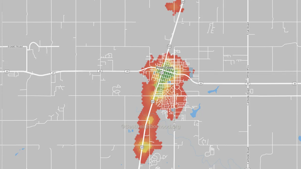 Walk Grade map of Pryor Creek, OK, walkable areas in green and car-dependent areas in red