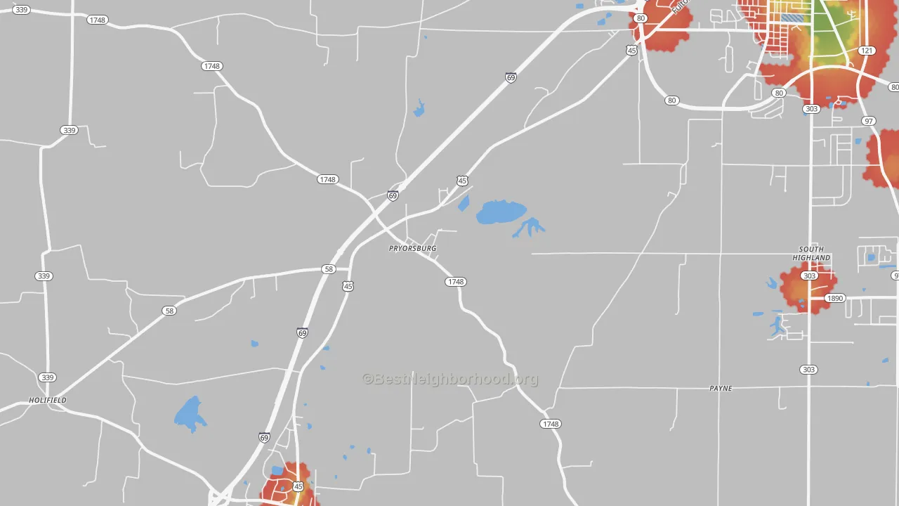 Walk Grade map of Pryorsburg, KY, walkable areas in green and car-dependent areas in red