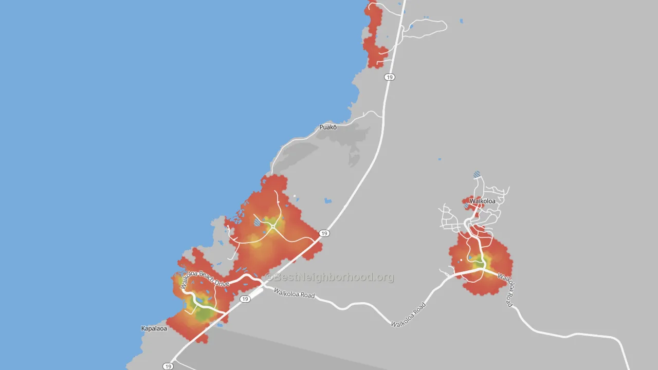 Walk Grade map of Puako, HI, walkable areas in green and car-dependent areas in red
