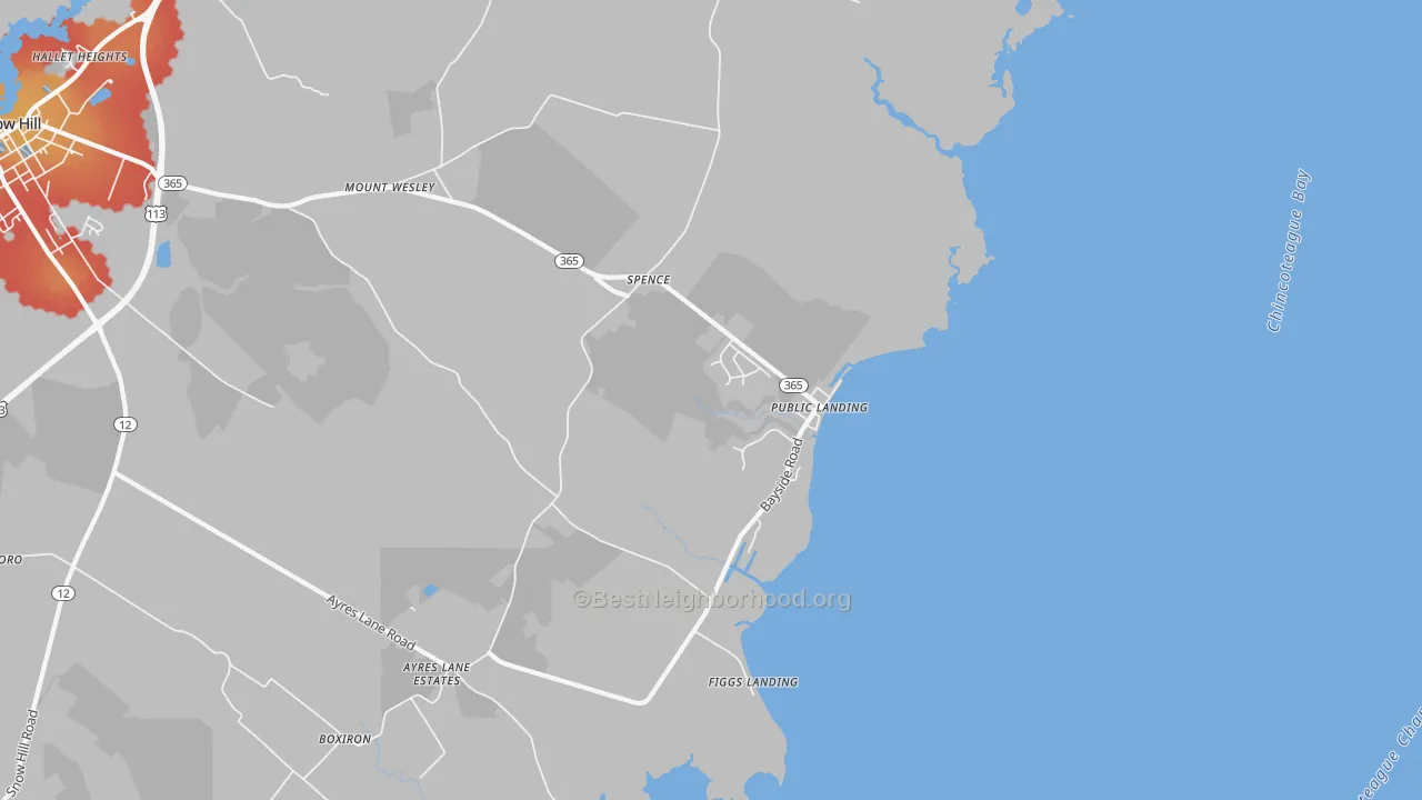 Walk Grade map of Public Landing, MD, walkable areas in green and car-dependent areas in red