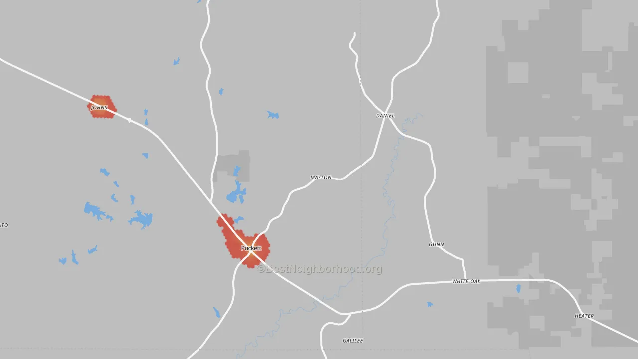 Walk Grade map of Puckett, MS, walkable areas in green and car-dependent areas in red