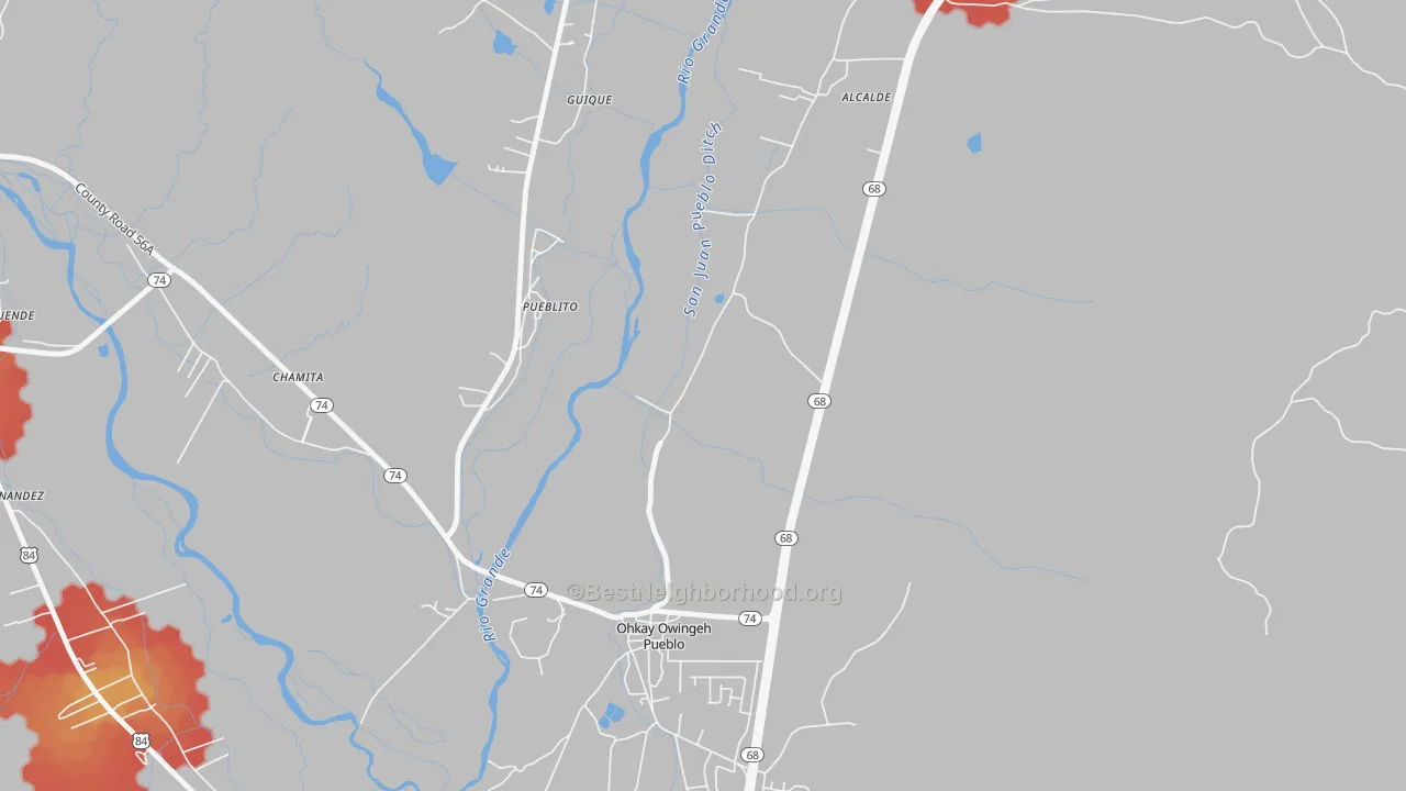 Walk Grade map of Pueblito, NM, walkable areas in green and car-dependent areas in red