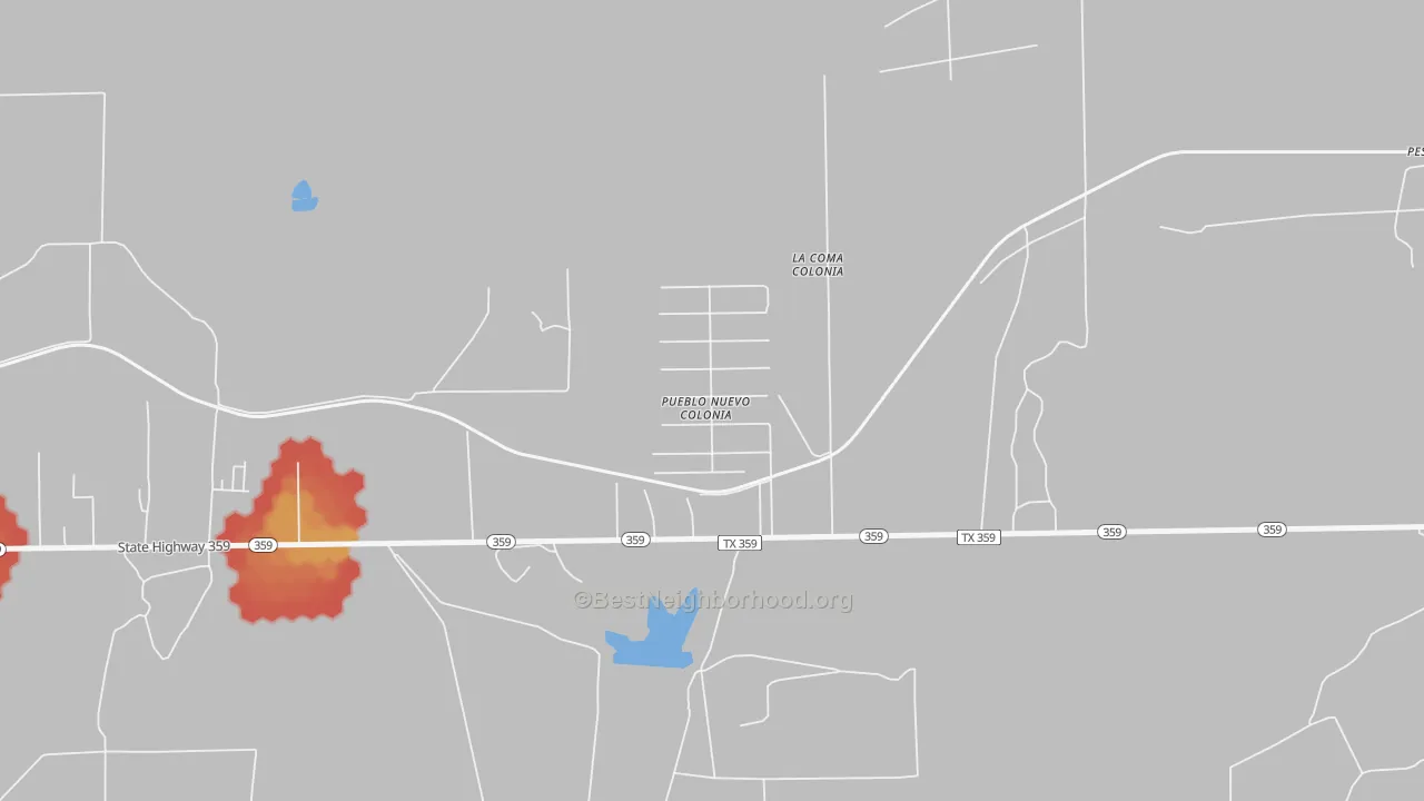 Walk Grade map of Pueblo Nuevo, TX, walkable areas in green and car-dependent areas in red