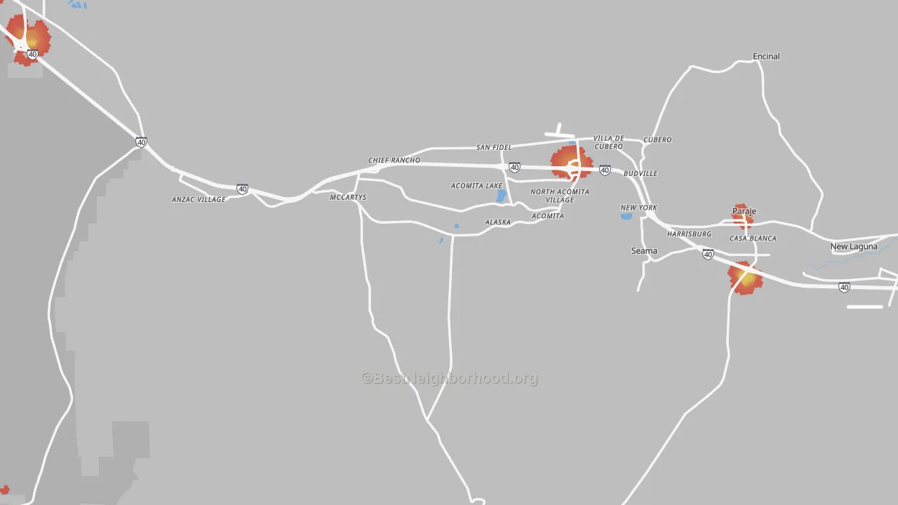 Walk Grade map of Pueblo Of Acoma, NM, walkable areas in green and car-dependent areas in red
