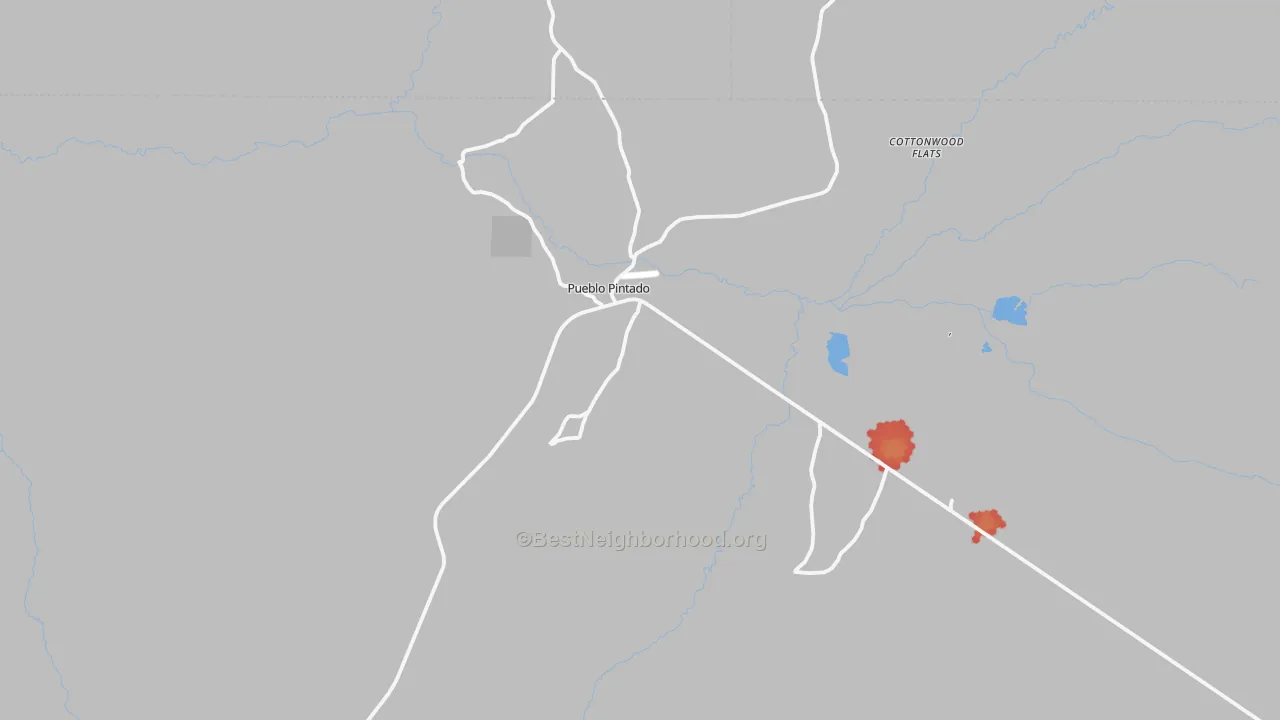 Walk Grade map of Pueblo Pintado, NM, walkable areas in green and car-dependent areas in red