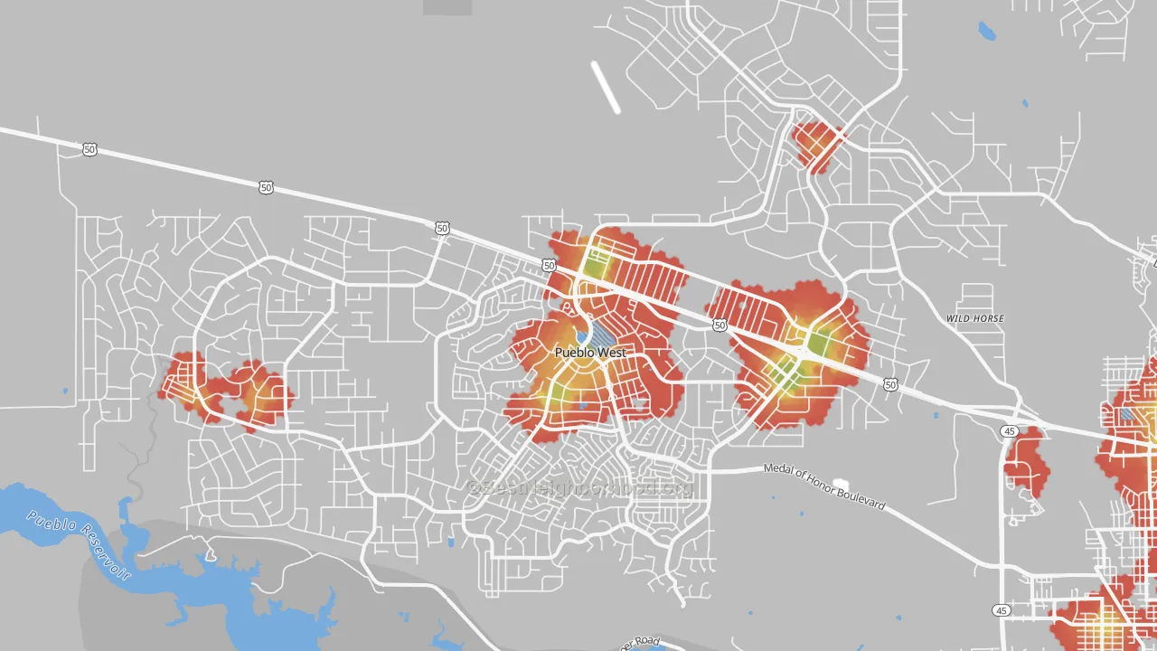 Walk Grade map of Pueblo West, CO, walkable areas in green and car-dependent areas in red