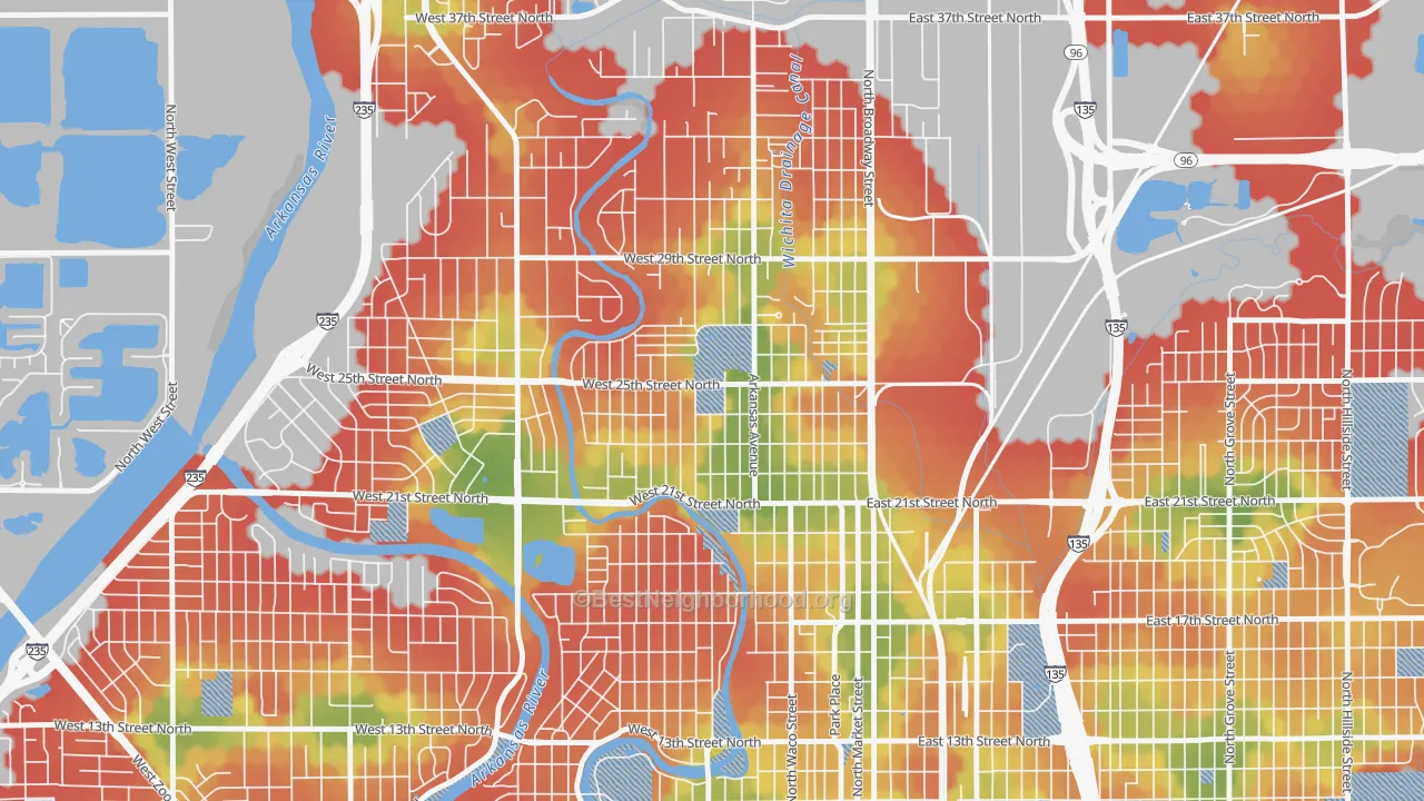 Walk Grade map of Pueblo, Wichita, KS, walkable areas in green and car-dependent areas in red