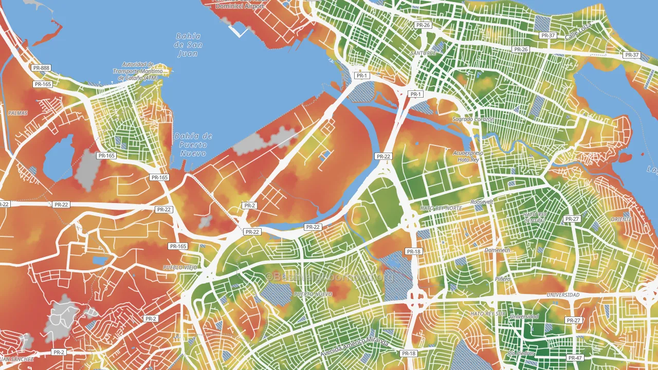 Walk Grade map of Puerto Nuevo, PR, walkable areas in green and car-dependent areas in red