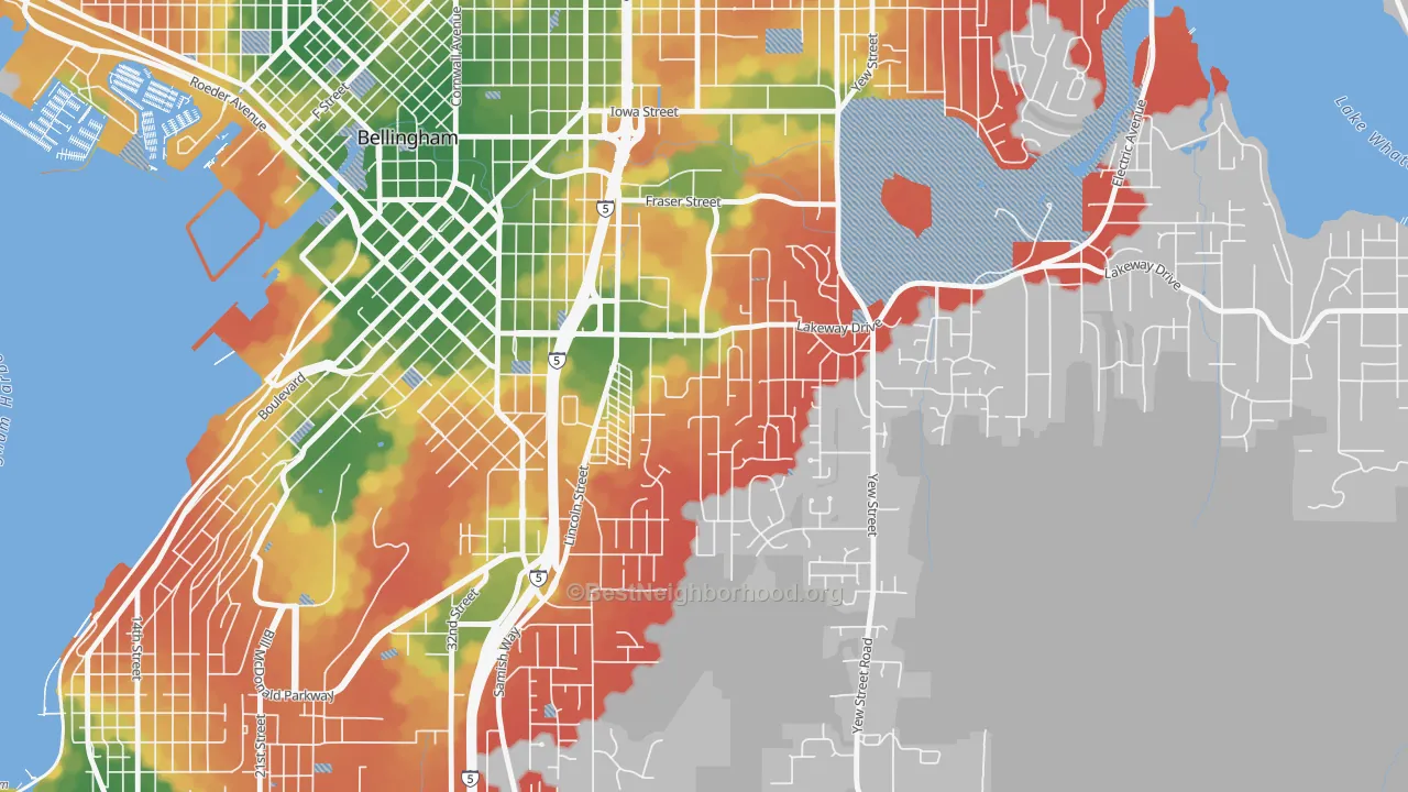 Walk Grade map of Puget, Bellingham, WA, walkable areas in green and car-dependent areas in red