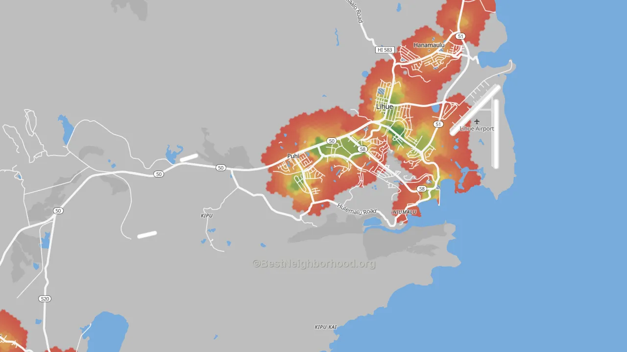 Walk Grade map of Puhi, Lihue, HI, walkable areas in green and car-dependent areas in red
