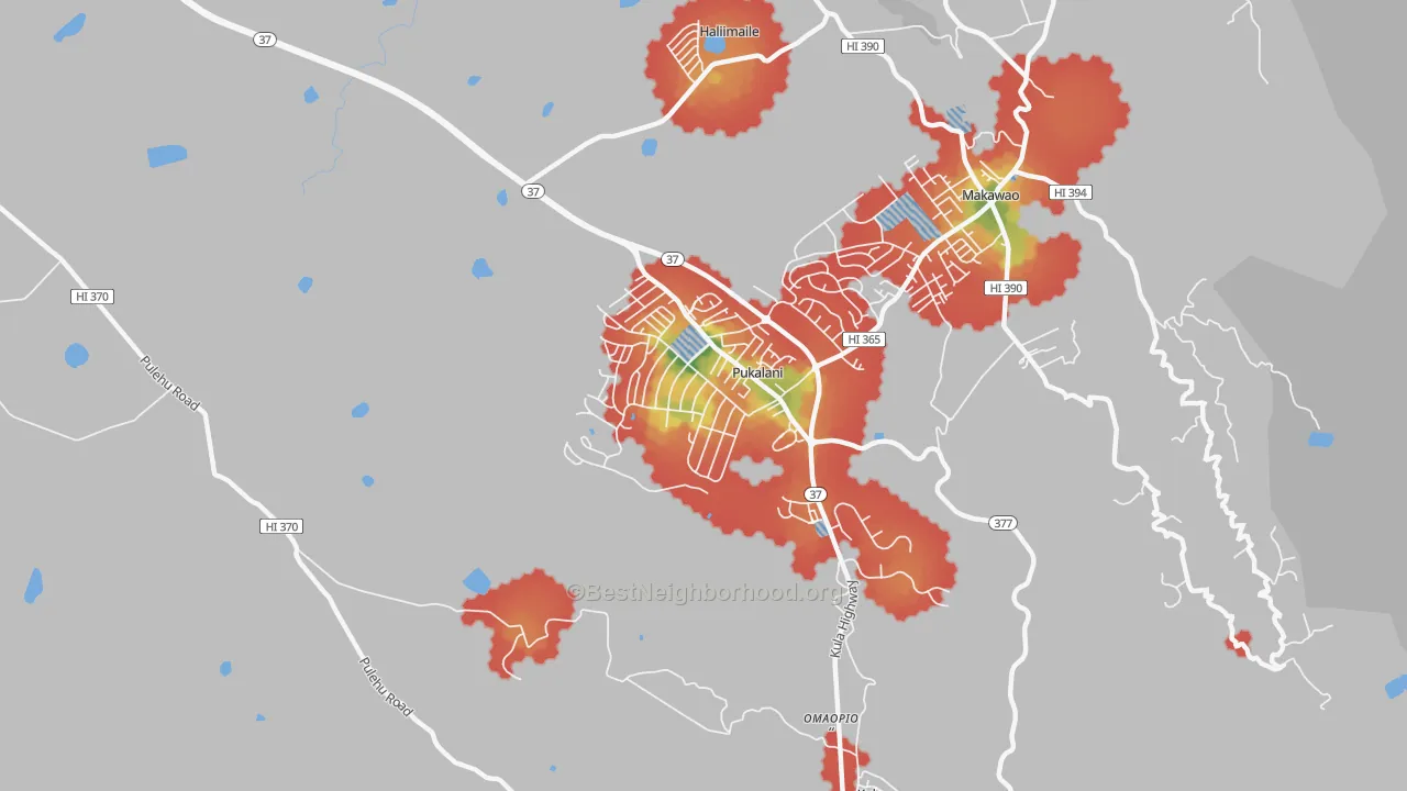 Walk Grade map of Pukalani, Makawao, HI, walkable areas in green and car-dependent areas in red