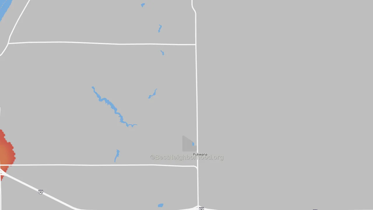 Walk Grade map of Pukwana, SD, walkable areas in green and car-dependent areas in red