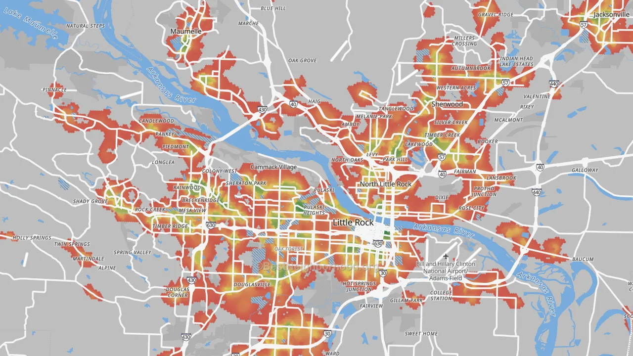 Walk Grade map of Pulaski County, AR, walkable areas in green and car-dependent areas in red