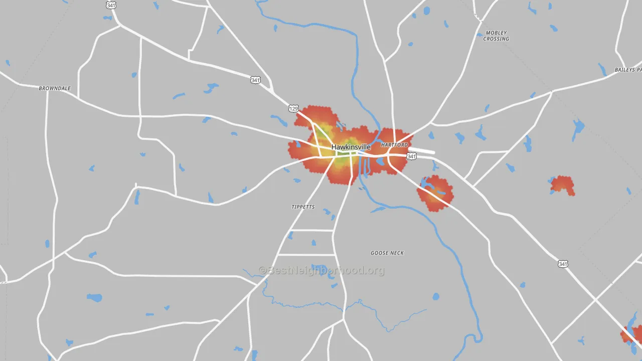 Walk Grade map of Pulaski County, GA, walkable areas in green and car-dependent areas in red