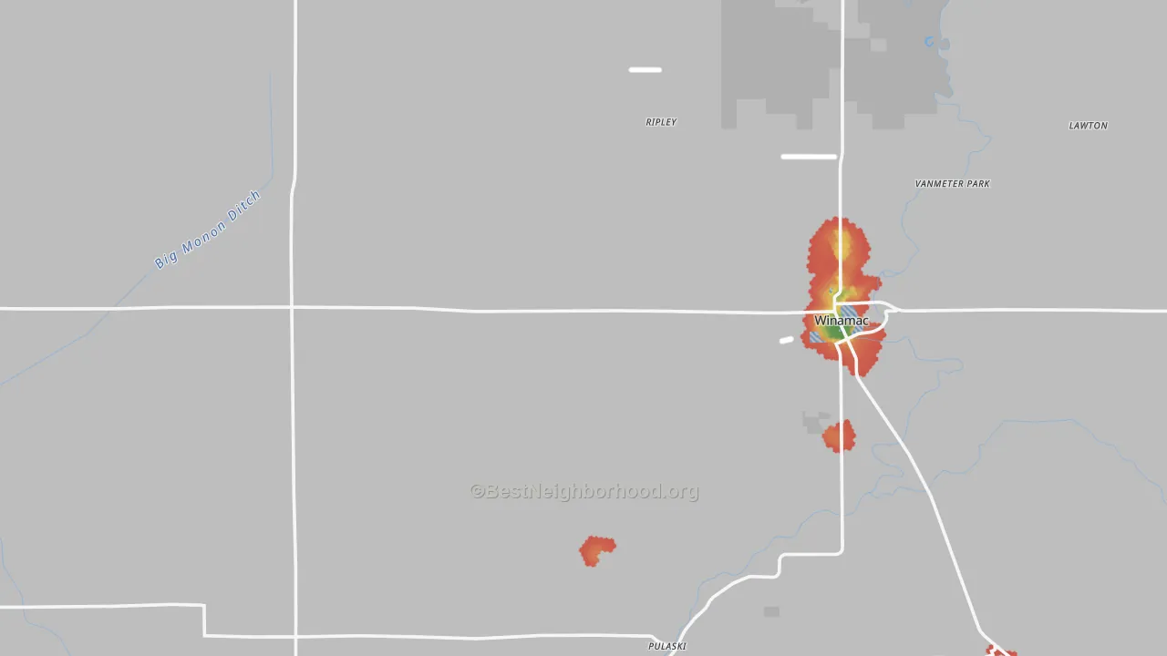 Walk Grade map of Pulaski County, IN, walkable areas in green and car-dependent areas in red