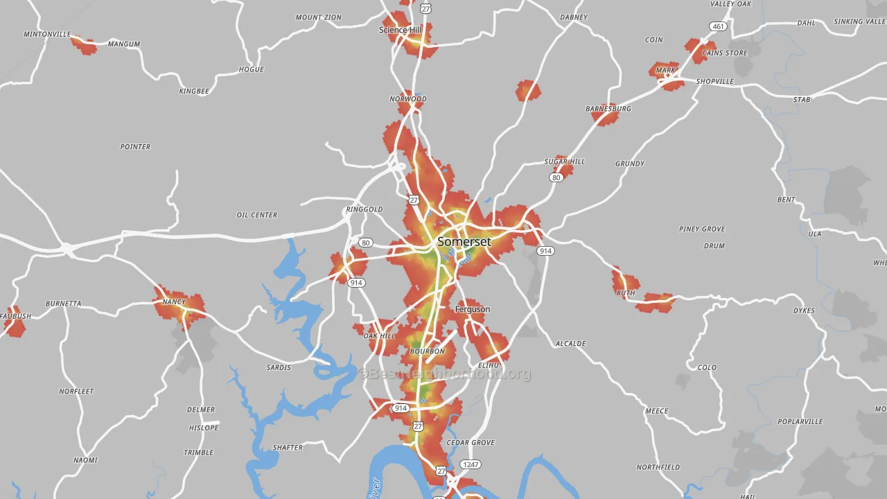Walk Grade map of Pulaski County, KY, walkable areas in green and car-dependent areas in red