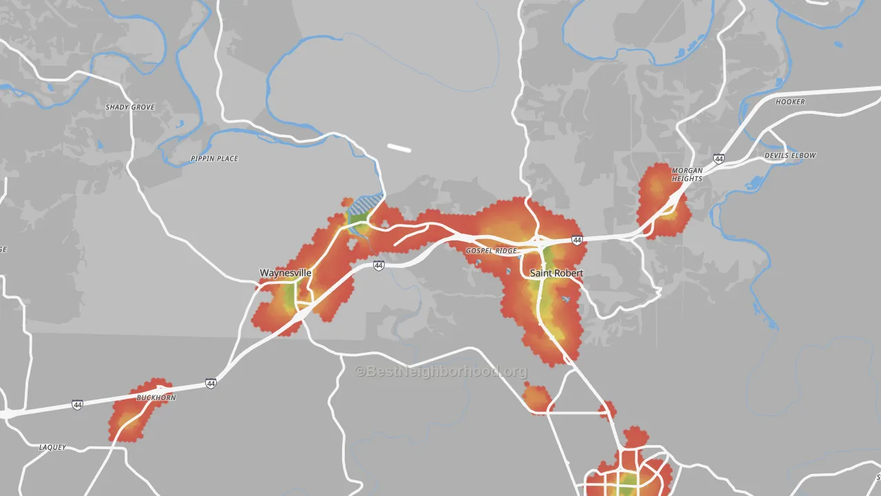 Walk Grade map of Pulaski County, MO, walkable areas in green and car-dependent areas in red