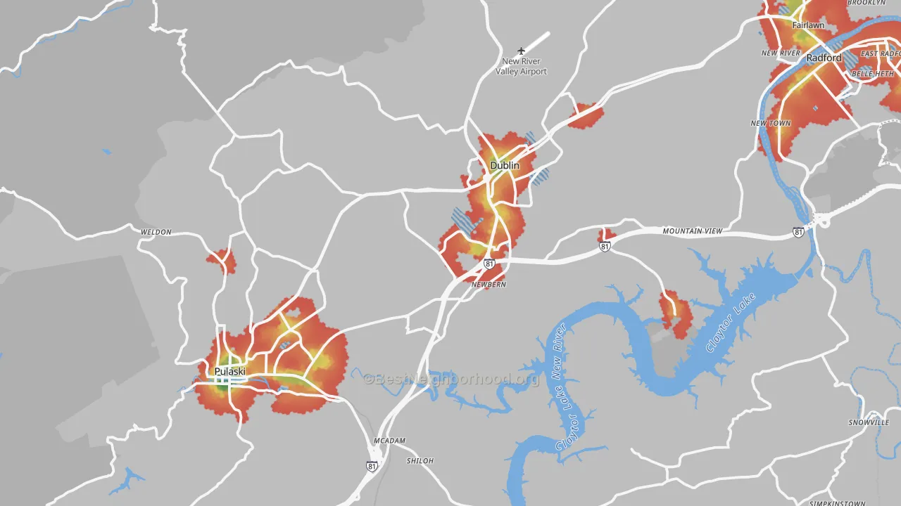 Walk Grade map of Pulaski County, VA, walkable areas in green and car-dependent areas in red